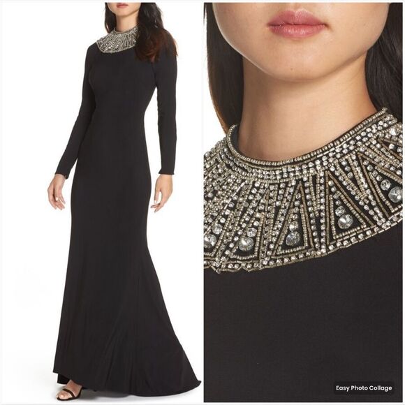 Mac Duggal 25926 Womens Black Jersey Long Sleeve Fitted Gown With Beaded Neck - Picture 1 of 16